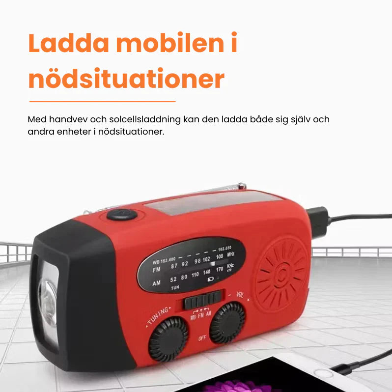 Köp Tryggt Nödradio 3-i-1 med 2000 mAh powerbank, ficklampa och inbyggda solceller