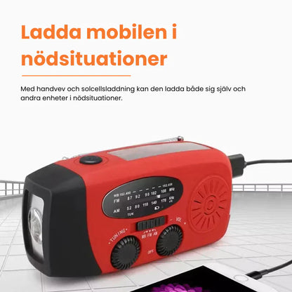 Köp Tryggt Nödradio 3-i-1 med 2000 mAh powerbank, ficklampa och inbyggda solceller