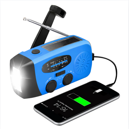 Köp Tryggt Nödradio 3-i-1 med 2000 mAh powerbank, ficklampa och inbyggda solceller
