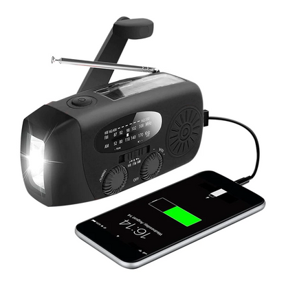Köp Tryggt Nödradio 3-i-1 med 2000 mAh powerbank, ficklampa och inbyggda solceller