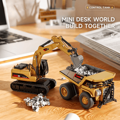 StålTitan™ 1:64 Premium Mini RC Byggmaskiner i Metall – Gaffeltruck, Grävmaskin & Tipptruck