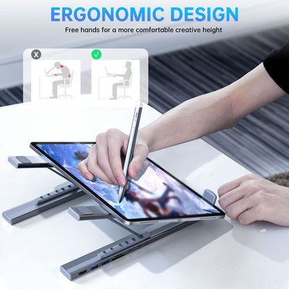 FlexDock Pro – 8-i-1 USB-C 4K Hub & Ergonomiskt Laptopställ